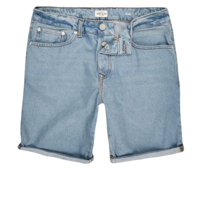 Light blue wash slim fit denim shorts